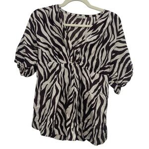 Massimo Dutti 100% Silk Zebra Print Blouse V-Neck Puff Sleeve Women's S